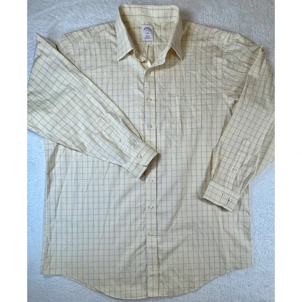 Brooks Brothers Dress Shirt Mens 18 6/7 Yellow Windowpane Check Non-Iron‎ Cotton